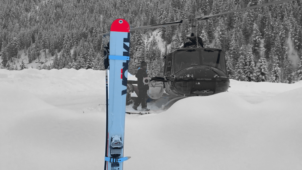 Promotional graphic for Skiezy ski carry straps built for storage and travel